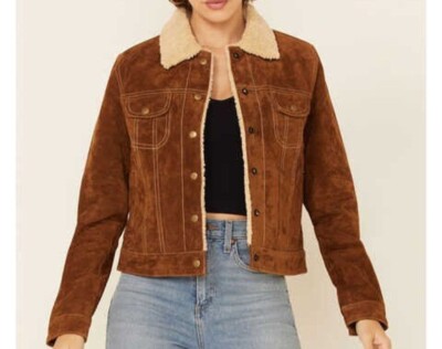 Womens Denim Style Fur Suede Leather Jacket Hand Made Brown