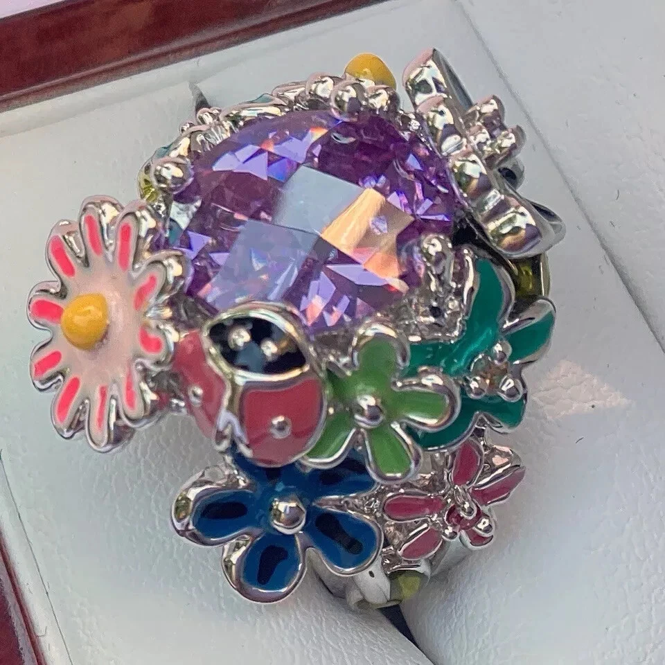 ANILLO DE PLATA PARK LANE FAIRYTALE LAVANDA CIRCONITA CÚBICA ESMALTE FLORAL LADYBUG Talla 8 Usado en Excelente Condición Foto 3 de 4