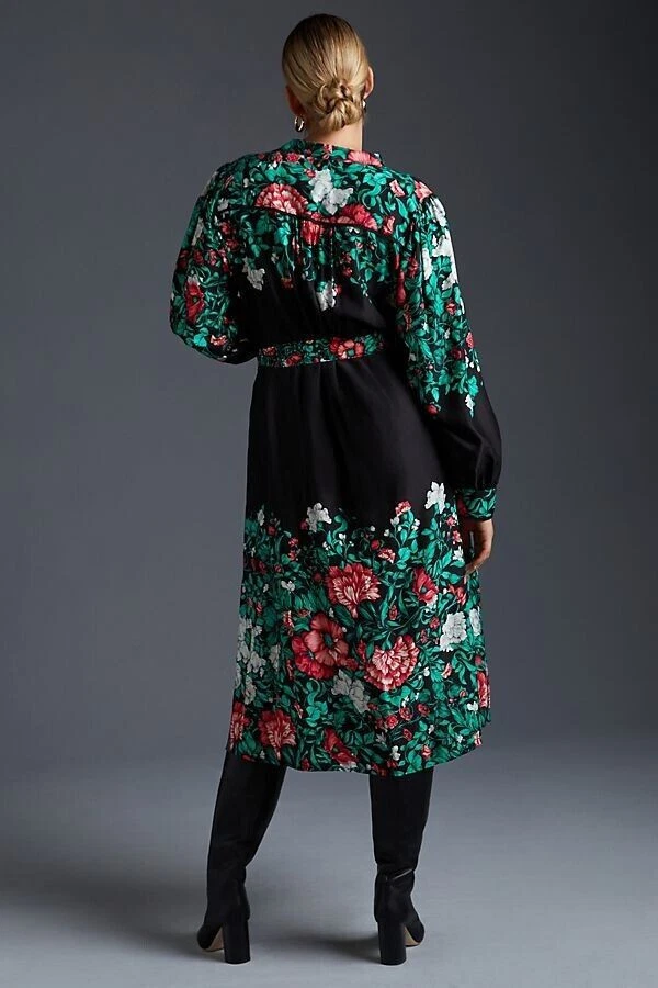 VETEMENTS Anthropologie Camicia Midi Vestito Camicia Cintura Nero Verde Floreale Taglia XS NUOVA CON ETICHETTE