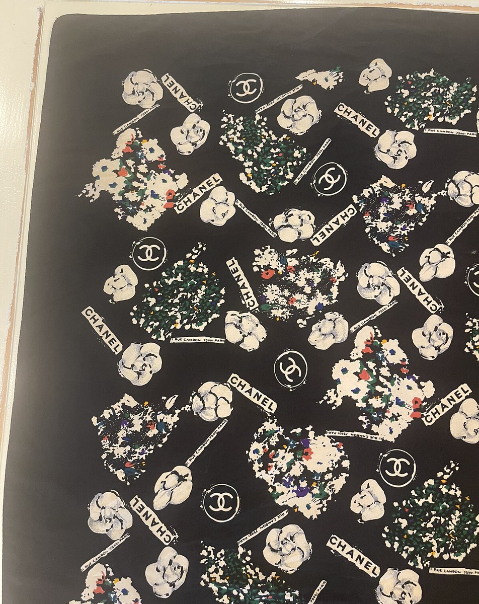VTG 1990/2000s CHANEL Camellia Print Scarf Silk Black 31 Rue