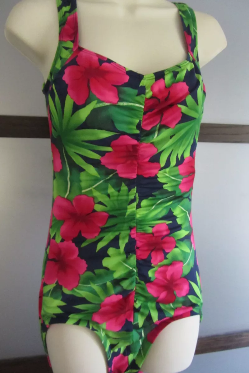 Vintage Gabar Swimsuit One Piece Bathing Suit Pink Green Hawaiian Floral USA