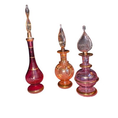 SET  Egyptian 24k Gold  Etching Blown Glass Teardrop Bottles by Egyptian Accents