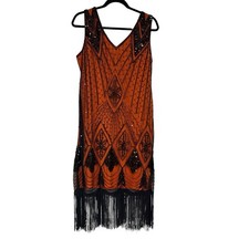 Sequin Fringe Flapper Dress 1920's Costume Women's XL Orange Black Elegant