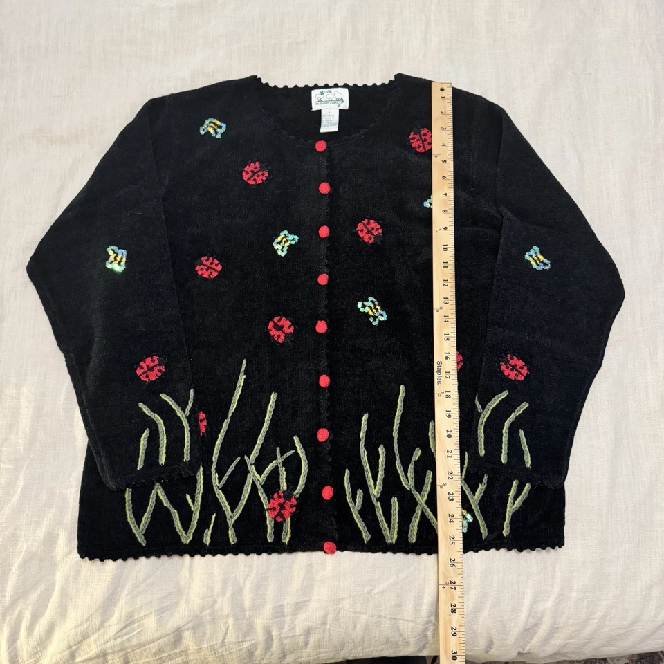 VTG Women’s Chenille Large Black Cardigan Embroidery Sequin Ladybug Cottagecore - Image 2 of 4