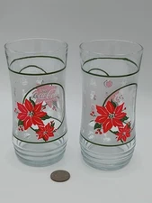 Vintage 1980s Frosted Coca-Cola Poinsettia Christmas Glasses-Bear,Train,Tree,Etc