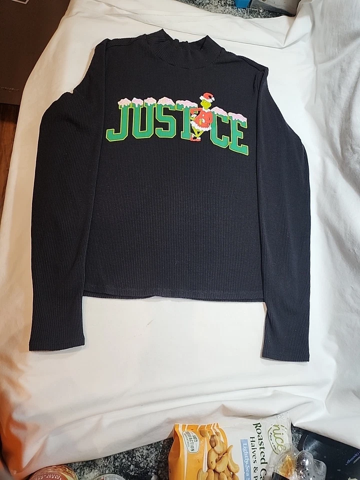 Girls "Justice" Grinch~ Christmas Mock Neck~ Long Sleeve~ Black Shirt~Size XL - Image 3 of 4