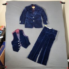 70s Boys Velvet 3 Piece Suit Size 8 Blue Striped NWT Retro Disco