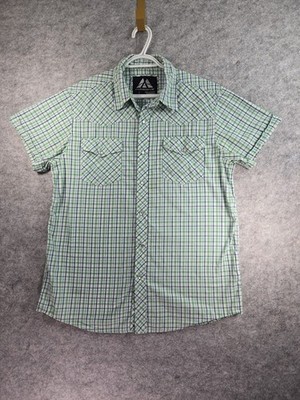 MASSIVE Western Pearl Snap Front Short Sleeve Shirt Green Blue Plaid Mens Large