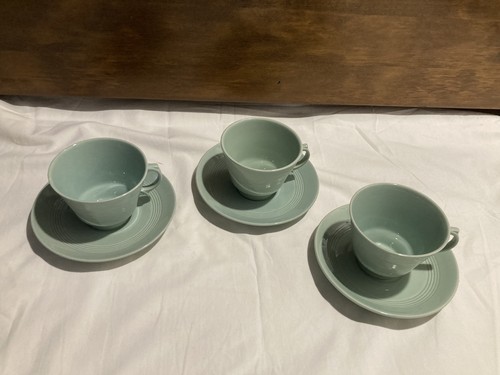 3 Woods Beryl Ware Cups And Saucers Green Utility Ware Mid Century - Picture 2 of 16