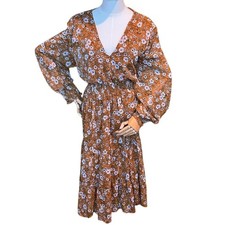 NY Collection Brown Floral Boho Midi Dress Plus 3X Smocked Waist Long Sleeve