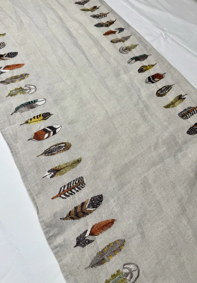 Coral & Tusk Feathers Table Runner Embroidery Linen Boho Table Cloth Runner - Image 2 of 4