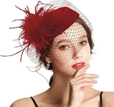 ANHONG H style Fascinator Pillbox Hat Burgundy net veil tea party feather derby