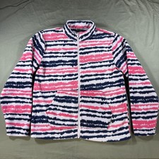 Eddie Bauer Jacket Kids 14/16 Pink Navy Stripe Fleece Full Zip Pockets Warm