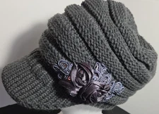 C.C Exclusives Knit Black Hat Cap Flower Ribbon Sequin Piping Brim Visor