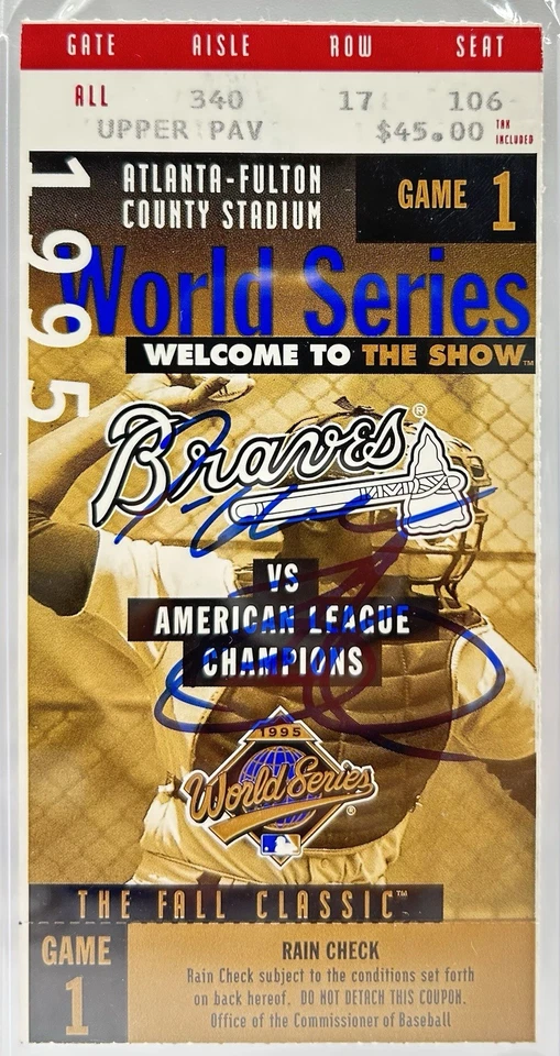 Tom Glavine & David Justice Signed 1995 World Series Game 1 Ticket Stub PSA/DNA - Image 2 of 3