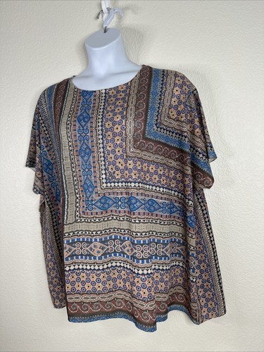 Französisch Blau Damen Übergröße 2X Mosaik Strick Oversize Top Kurzarm - Bild 2 von 10