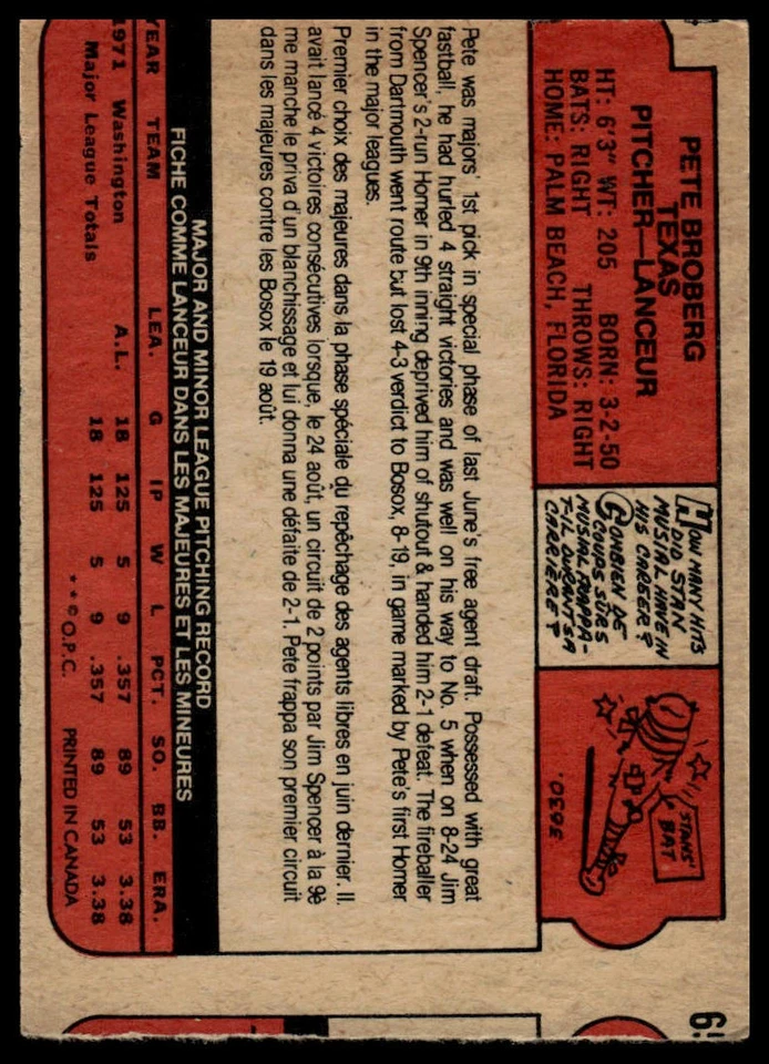 1972 O-Pee-Chee #64 Pete Broberg - Image 2 of 2