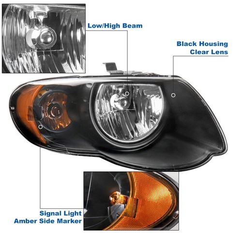 For 05 06 07 Chrysler Town & Country Replacement Headlights Headlamps Lamp Black - 第 2/8 張圖片