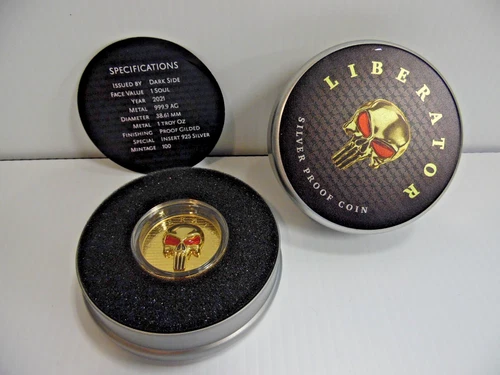 1 Oz Silver Coin Dark Side 2021 THE LIBERATOR Skull Proof Silver / Enamel Eyes