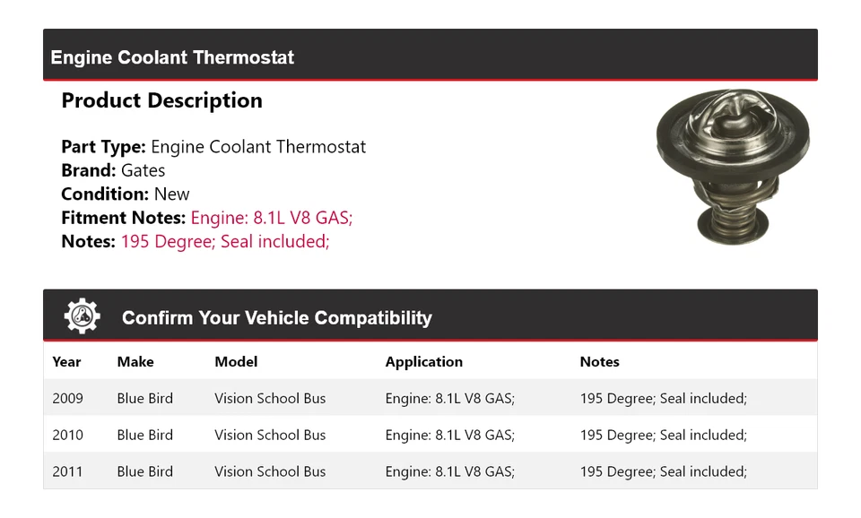 Para puertas termostato refrigerante motor autobús escolar Blue Bird Vision 2009-2011 2010 Foto 2 de 4