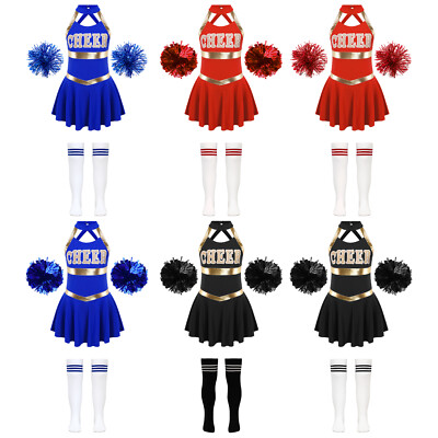 DE Mädchen Cheer Leader Cheerleading Kostüm  Kleid mit Pompoms Socken Set