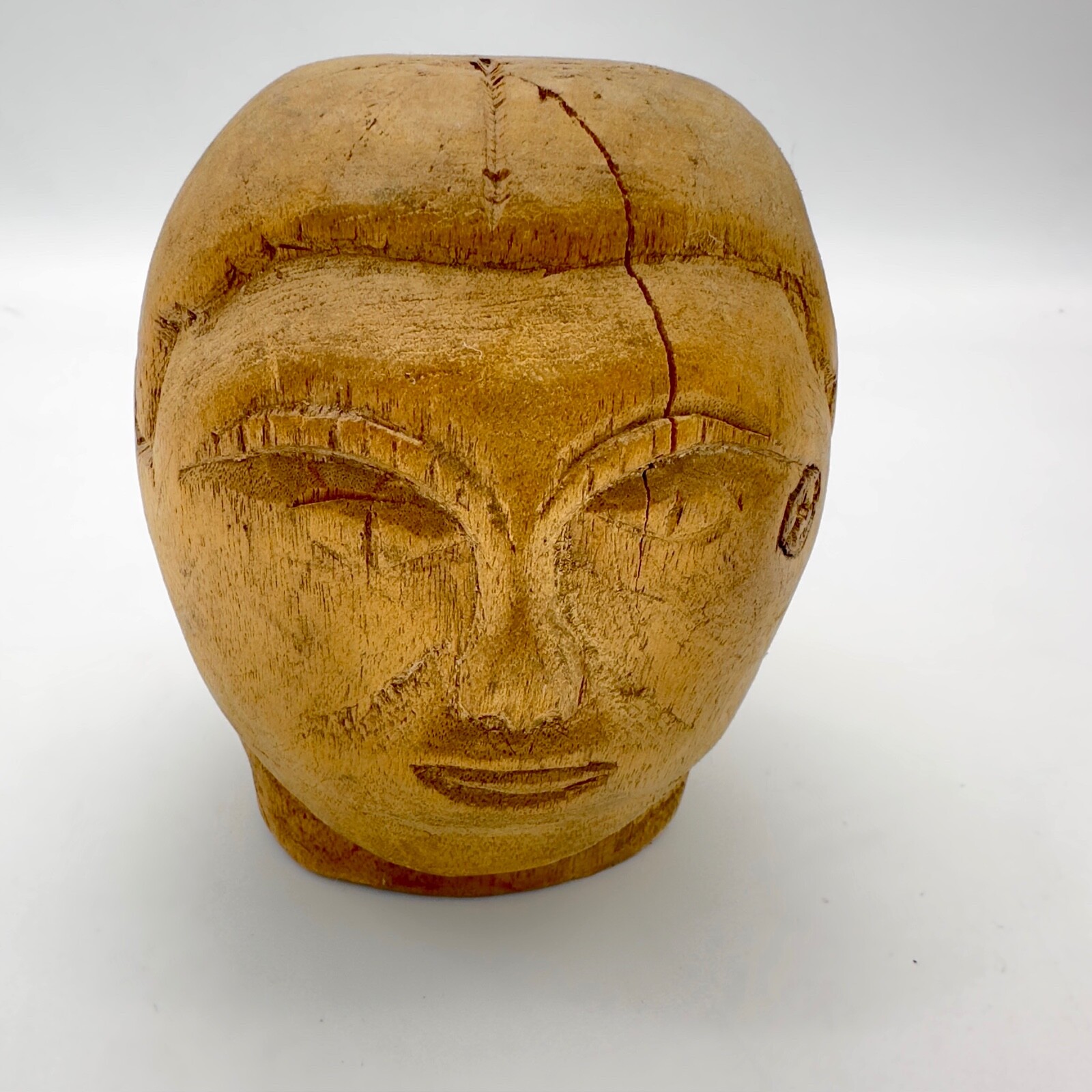 Antique Southeast Asian Hand-Carved Wooden Head Statue - 5" Tall, Batak Shaman?