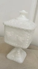 Vintage Milk Glass Compote Pedestal & Lid. Grapevine Design