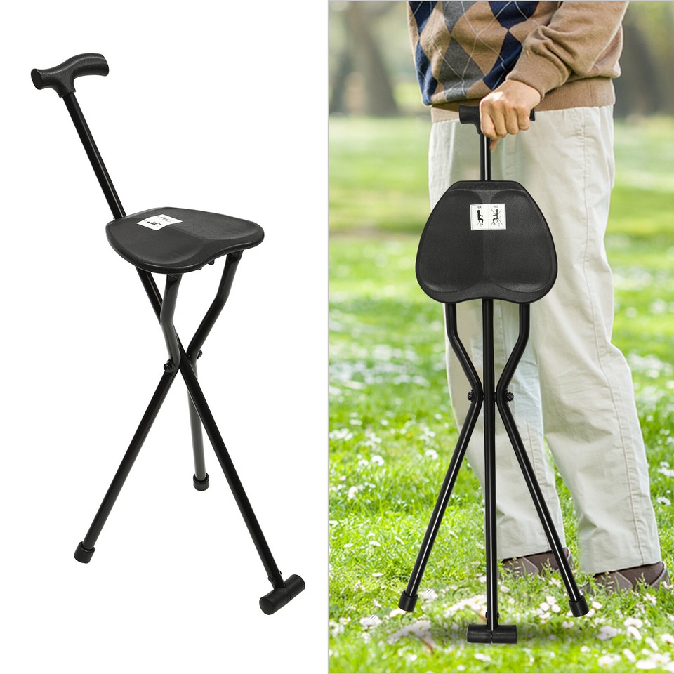 Portable Folding Walking Stick with Seat 3 Legged Travel Hiking Cane
