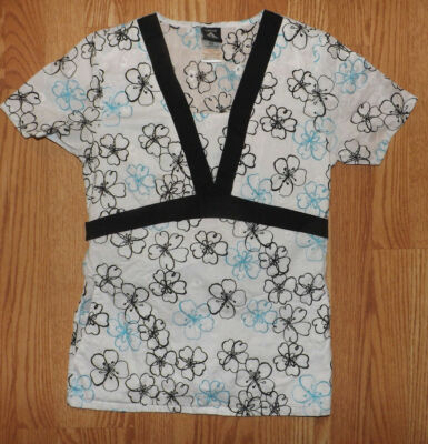 CHEROKEE WHITE FLORAL MARG WOMENS SIZE XS NURSING MEDICAL DENTAL BLOUSE SCRUBS