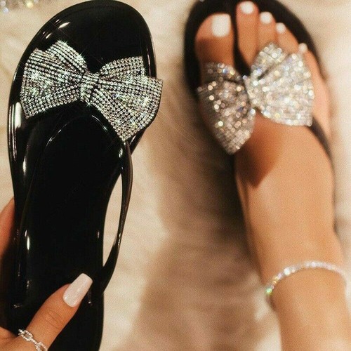 Diamante Bow Beach Jelly Sandals Flip Flop Ladies Slider Women Summer Shoes  Size | eBay