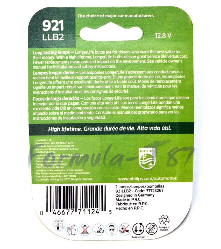 Philips LongerLife 921 18W Two Bulbs Back Up Reverse Light Replace Stock Lamp OE - Изображение 2 из 4