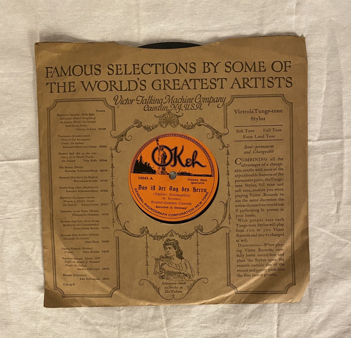 Okeh 78rpm 10” Record 10041-B&A “Mein Heimattal” German Phonograph