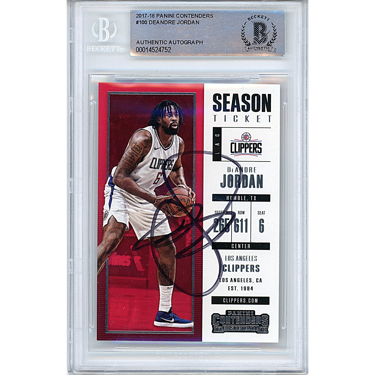 DeAndre Jordan Los Angeles Clippers Auto 2017 Contenders Signed BAS Auth Slab LA