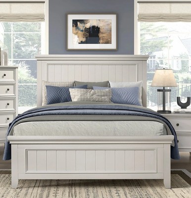 Farmhouse Queen Panel Bed: Classic White Modern Wooden Furniture