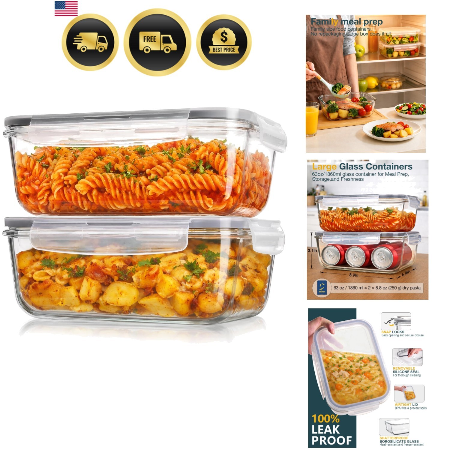 Large Glass Food Storage Containers with Lids, 2 Pack, 8 Cups/ 63oz