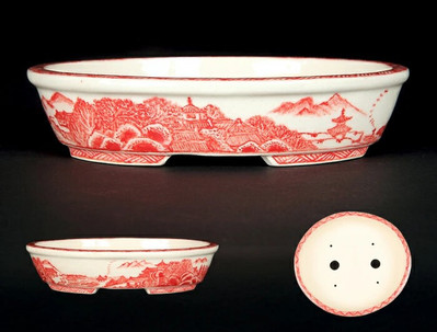 Kii Red Landscape Painted Oval Bonsai Pot by Toyoda Miho   Limited Edition