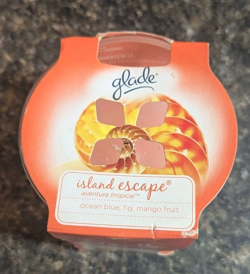 Vela de vidrio perfumado Glade Island Escape 4 oz rara momentos relajantes 1 mecha nueva de stock Foto 2 de 4
