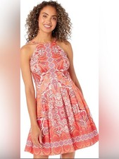 Vince Camuto Paisley Fit & Flare Halter Dress Women's 10 Coral Pink