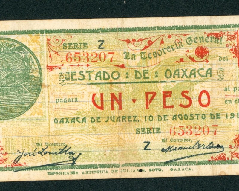 1915 1 peso La Tesoreria General del Estado De Oaxaca ** PAPER CURRENCY