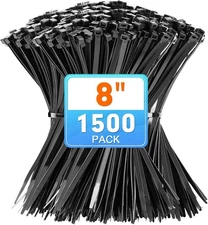 Zip Ties, KAMOTA 1500pcs 8 Inch Heavy Duty Self-Locking 8" (1500 Pack), Black 
