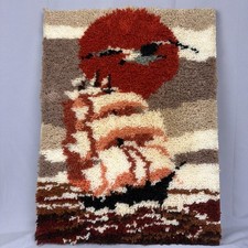 VTG 70s Sunset Sailboat Ocean Mounted Latch Hook Rug Wall Hanging 19x26 Retro