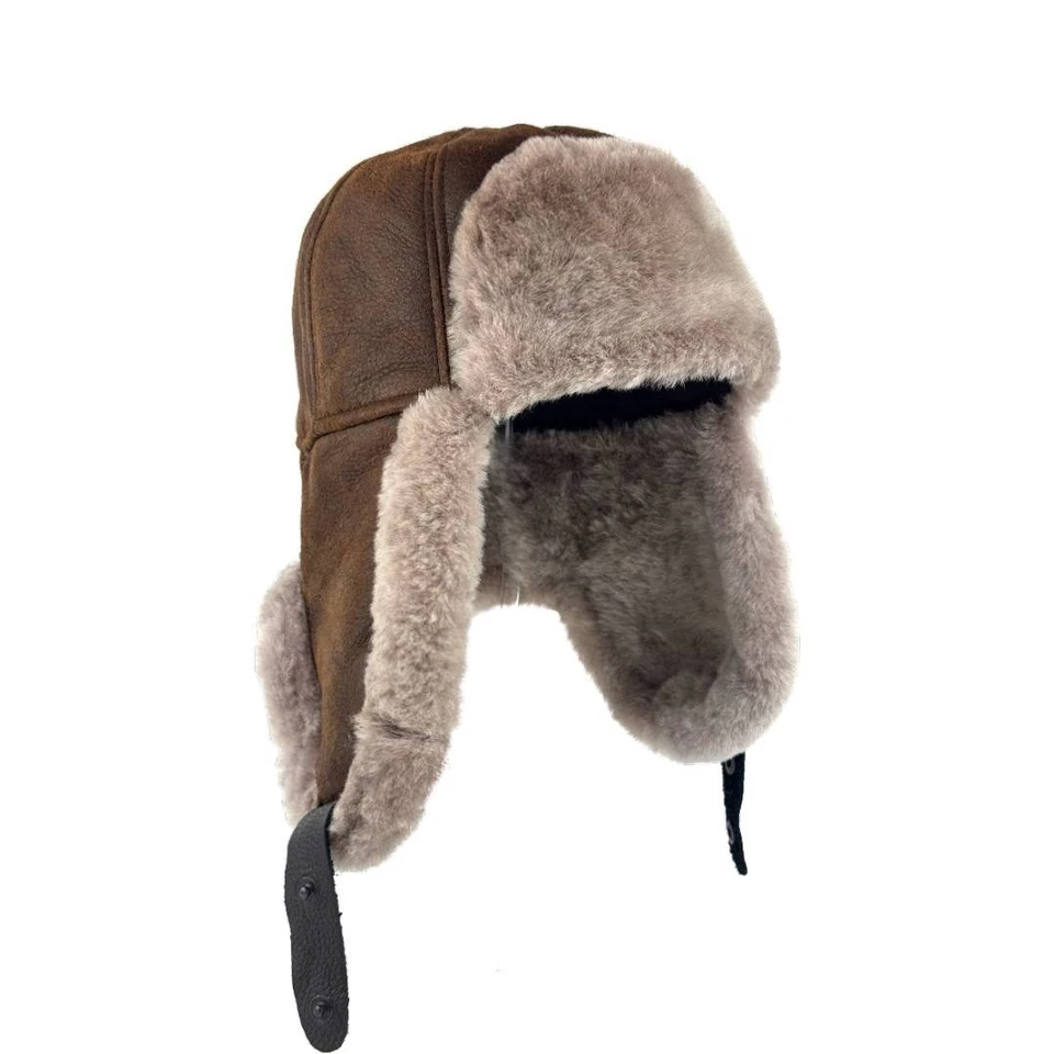 Sombrero Ushanka de piel de oveja de piel de oveja aviador trampero caza invierno gorra de piel oreja Foto 4 de 4
