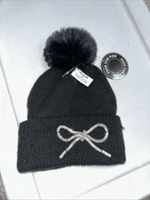 Steve Madden Black Knit Chick Beanie Bling Rhinestones Bow  Faux Fur Pom Hat NEW