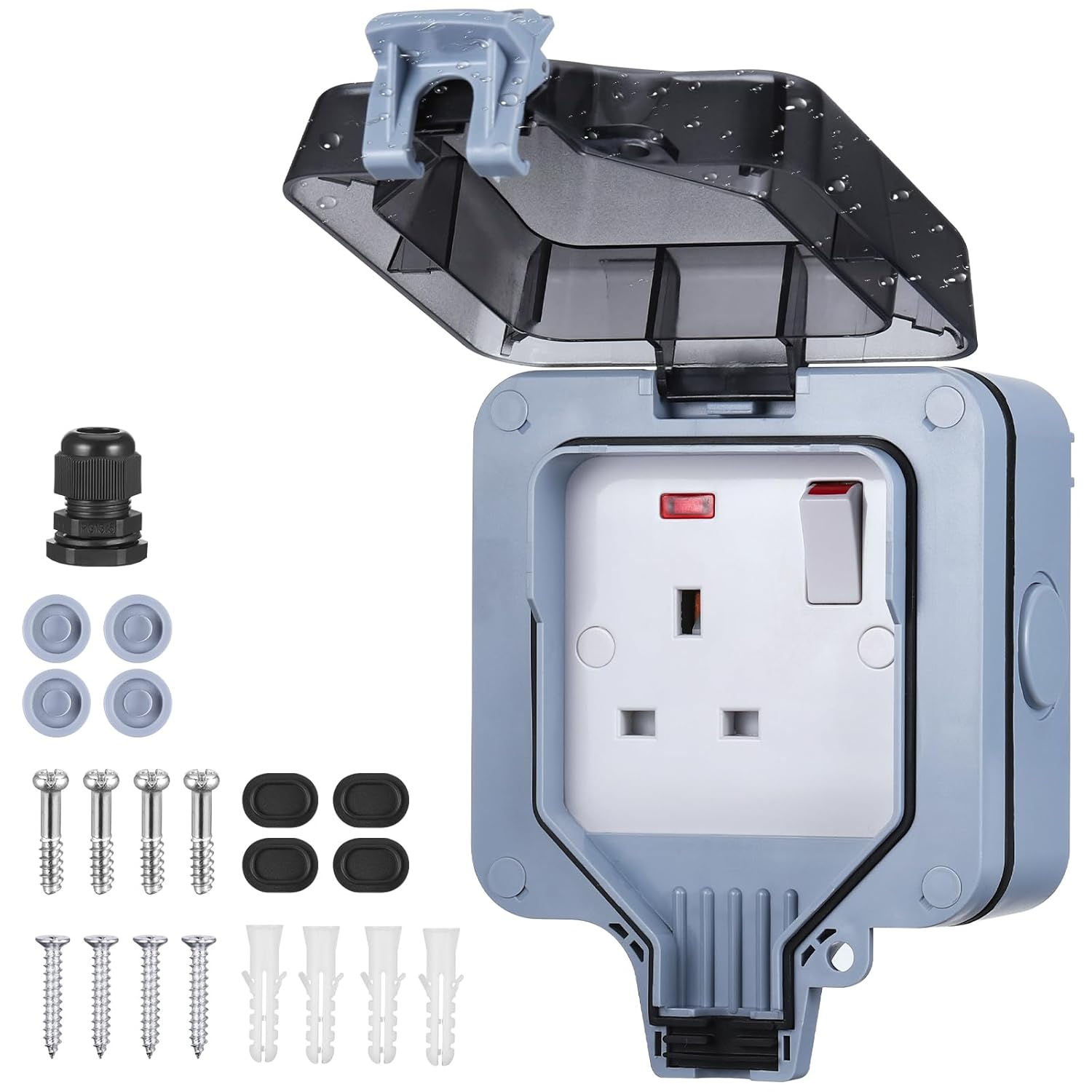 Outdoor Weatherproof Wall Plug Socket Box, IP66 Wall Electrical Outlet with Cove