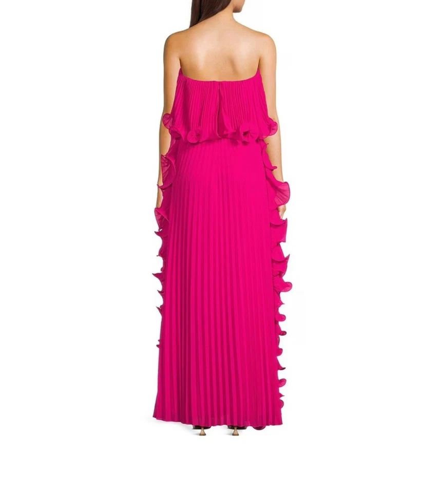 NUEVO CON ETIQUETAS 459 Badgley Mischka Lindsay Vestido recto sin tirantes plisado con volantes. Talla 10 y 12 Foto 2 de 4