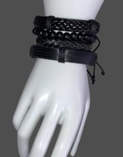 4Pcs/Set Retro Punk Woven Faux Leather Beaded Bracelets Men Women Black NWOT