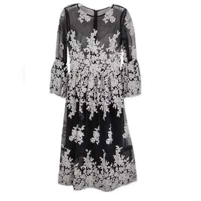 Nicole Miller Black Silver Embroidered Floral Modest Midi Dress Small | eBay