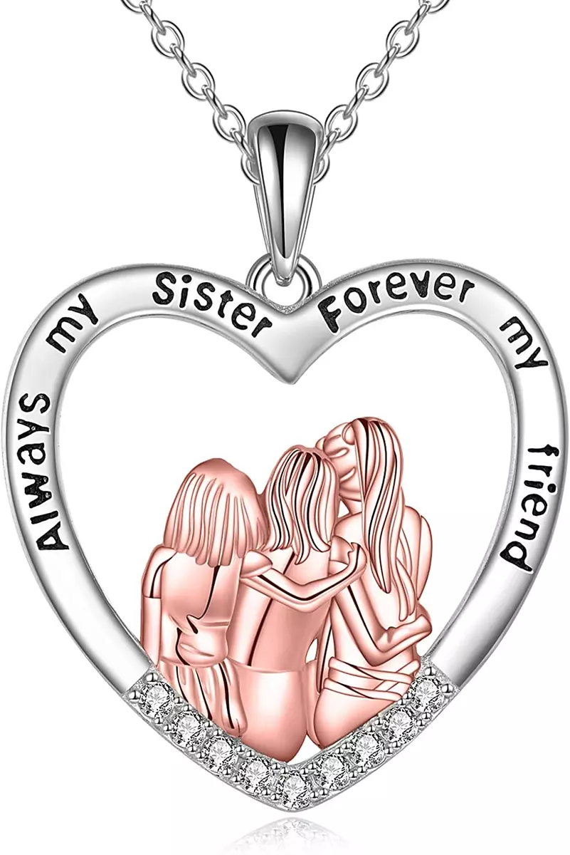 3 Sisters Heart Love CZ Necklace Always My Sister Forever My