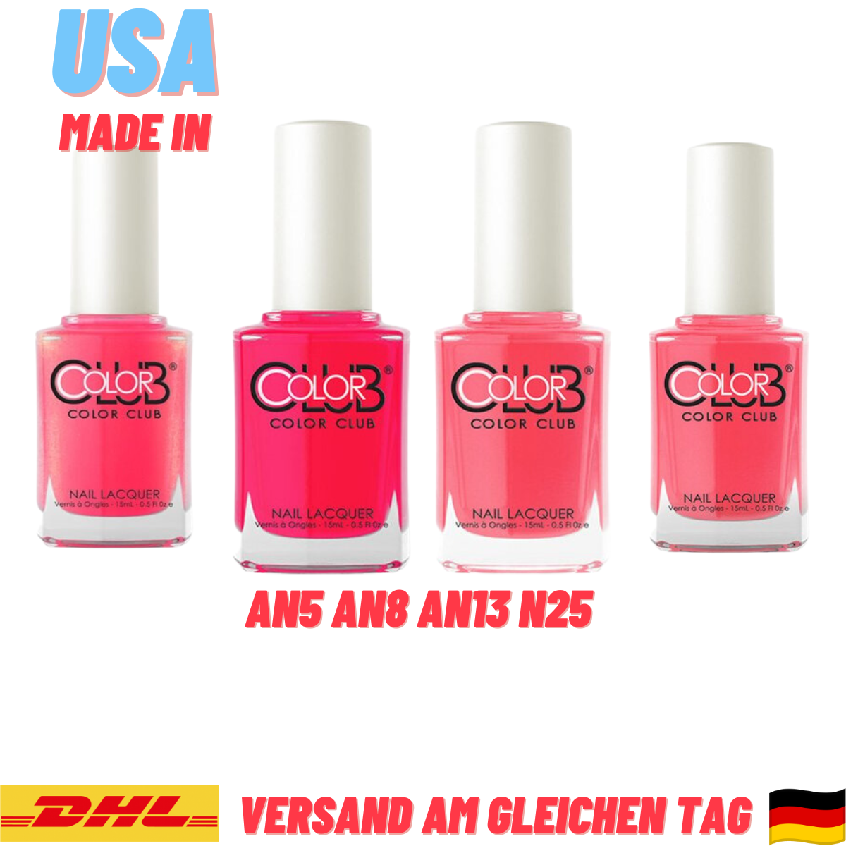 Lot De 4 Vernis à Ongles COLOR CLUB - Rose, Effet Néon Brillant - 4x15ml = 60ml - Neuf