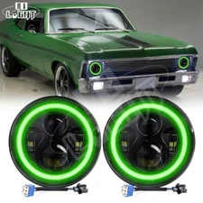 Fit Chevy II/Nova 1969-1979 Pair 7" inch Led Headlights High-Low Green Halo Beam